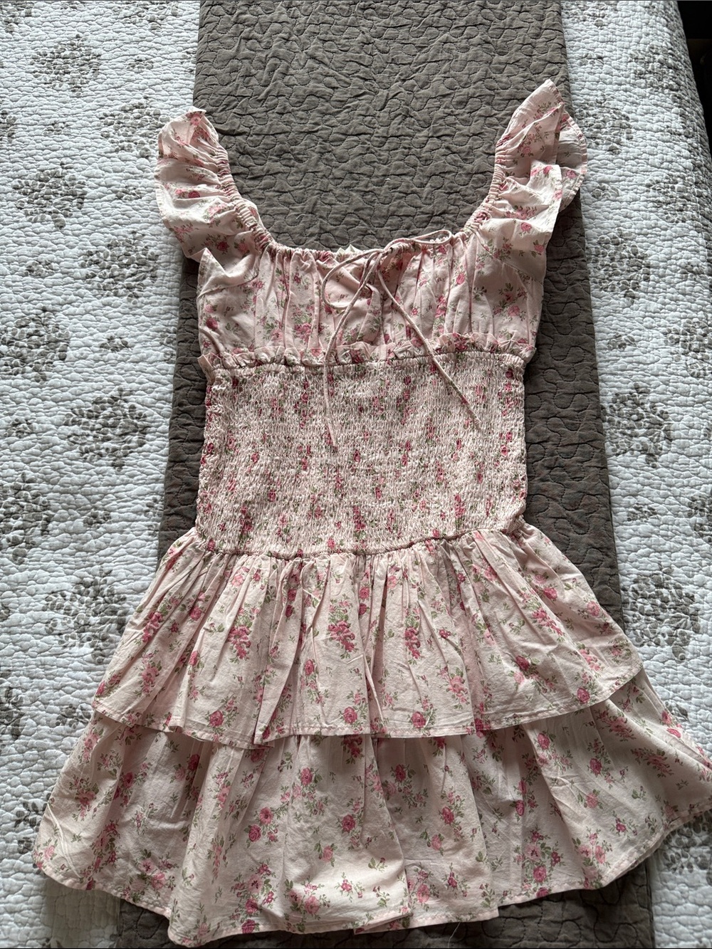 H&M Cream and Pink Floral Smocked Tiered Sundress